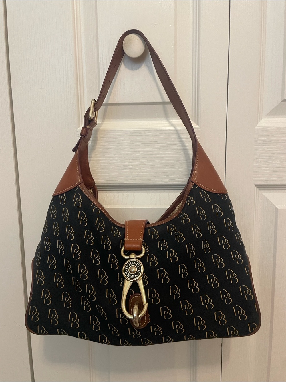 Dooney & Bourke Black Monogram Shoulder Bag with Brown Leather Trim